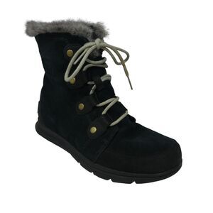 Sorel Explorer Joan Black Suede Fur Trim Winter Snow Boots